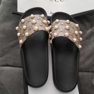 Pearly-Studded GG Supreme Slide Sandals